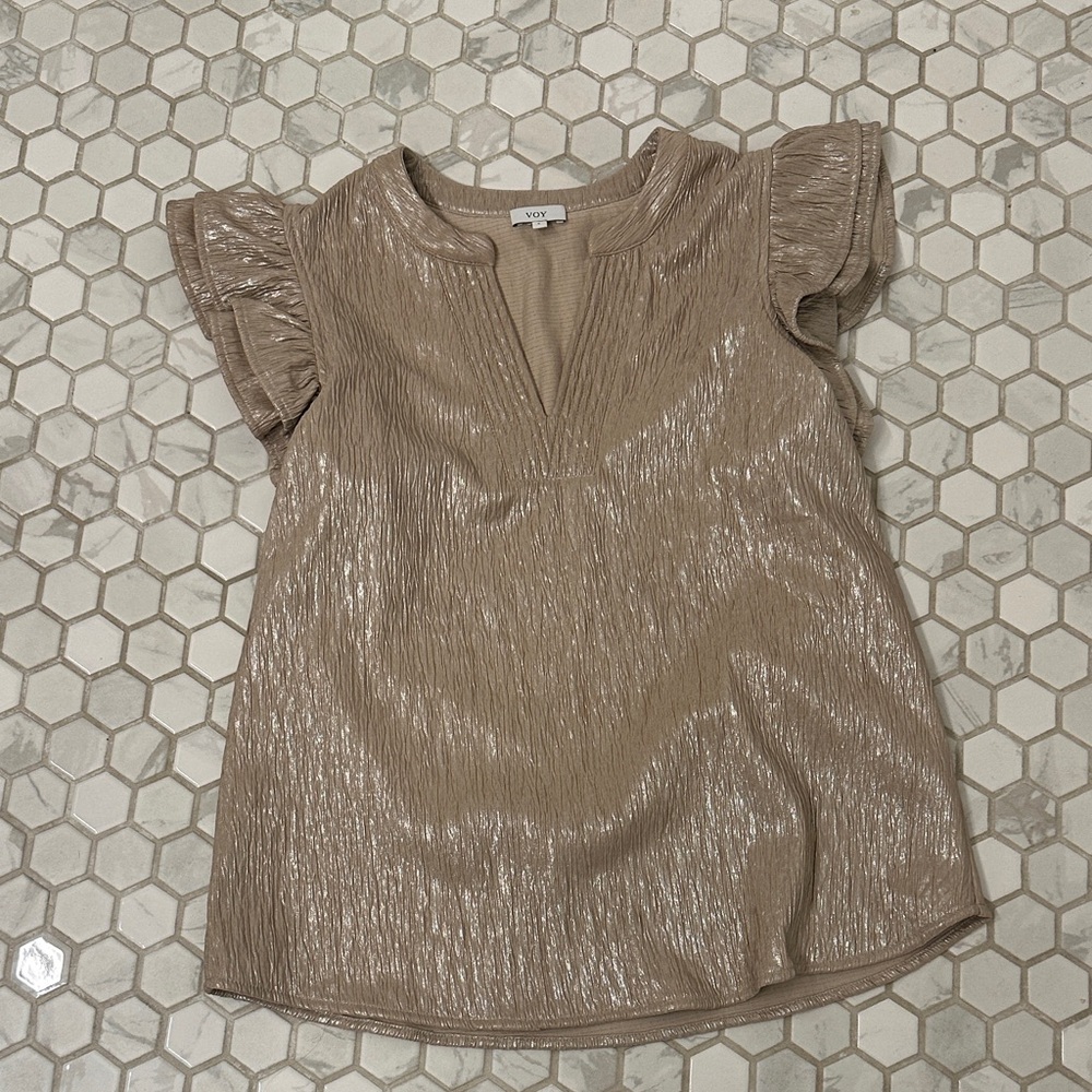 Voy Shimmering Tan Blouse with Ruffle Sleeves
